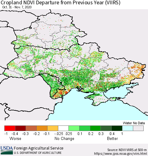 Ukraine, Moldova and Belarus Cropland NDVI Departure from Previous Year (VIIRS) Thematic Map For 11/1/2020 - 11/10/2020