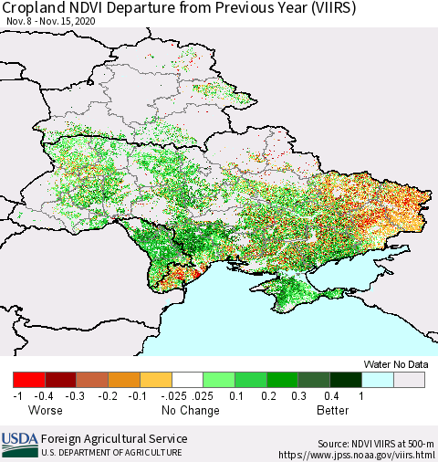 Ukraine, Moldova and Belarus Cropland NDVI Departure from Previous Year (VIIRS) Thematic Map For 11/11/2020 - 11/20/2020