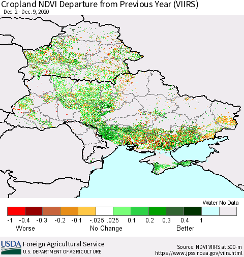Ukraine, Moldova and Belarus Cropland NDVI Departure from Previous Year (VIIRS) Thematic Map For 12/1/2020 - 12/10/2020