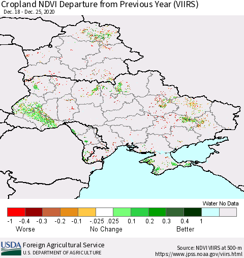 Ukraine, Moldova and Belarus Cropland NDVI Departure from Previous Year (VIIRS) Thematic Map For 12/21/2020 - 12/31/2020