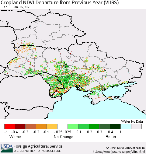 Ukraine, Moldova and Belarus Cropland NDVI Departure from Previous Year (VIIRS) Thematic Map For 1/11/2021 - 1/20/2021