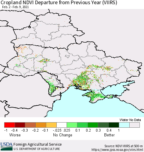 Ukraine, Moldova and Belarus Cropland NDVI Departure from Previous Year (VIIRS) Thematic Map For 2/1/2021 - 2/10/2021