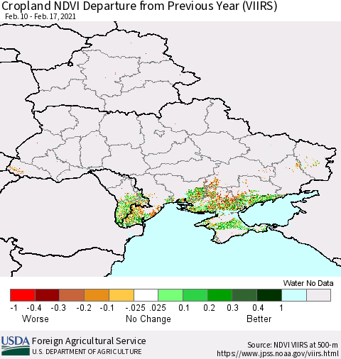 Ukraine, Moldova and Belarus Cropland NDVI Departure from Previous Year (VIIRS) Thematic Map For 2/11/2021 - 2/20/2021