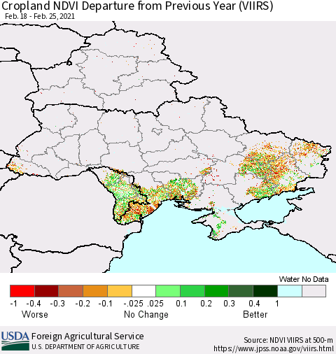 Ukraine, Moldova and Belarus Cropland NDVI Departure from Previous Year (VIIRS) Thematic Map For 2/21/2021 - 2/28/2021