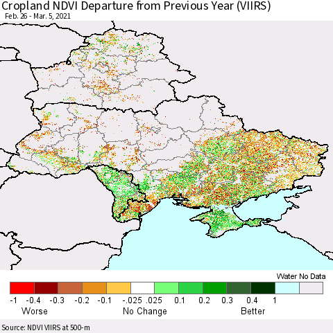 Ukraine, Moldova and Belarus Cropland NDVI Departure from Previous Year (VIIRS) Thematic Map For 2/26/2021 - 3/5/2021