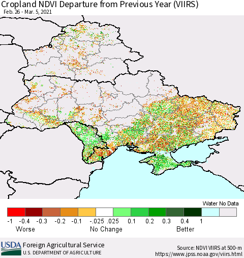 Ukraine, Moldova and Belarus Cropland NDVI Departure from Previous Year (VIIRS) Thematic Map For 3/1/2021 - 3/10/2021