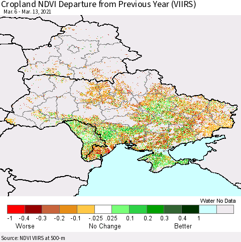 Ukraine, Moldova and Belarus Cropland NDVI Departure from Previous Year (VIIRS) Thematic Map For 3/6/2021 - 3/13/2021
