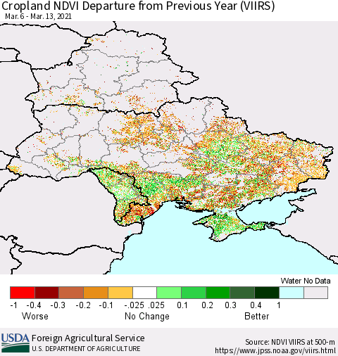 Ukraine, Moldova and Belarus Cropland NDVI Departure from Previous Year (VIIRS) Thematic Map For 3/11/2021 - 3/20/2021