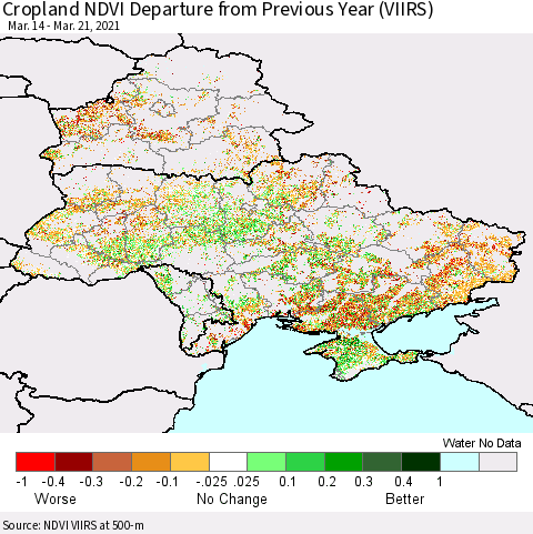 Ukraine, Moldova and Belarus Cropland NDVI Departure from Previous Year (VIIRS) Thematic Map For 3/14/2021 - 3/21/2021
