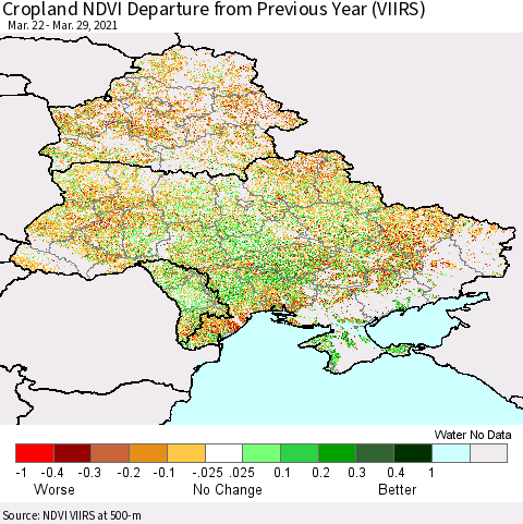 Ukraine, Moldova and Belarus Cropland NDVI Departure from Previous Year (VIIRS) Thematic Map For 3/22/2021 - 3/29/2021