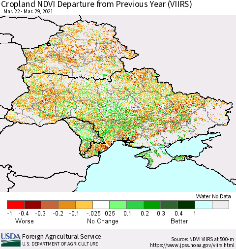 Ukraine, Moldova and Belarus Cropland NDVI Departure from Previous Year (VIIRS) Thematic Map For 3/21/2021 - 3/31/2021