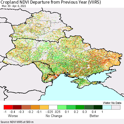 Ukraine, Moldova and Belarus Cropland NDVI Departure from Previous Year (VIIRS) Thematic Map For 3/30/2021 - 4/6/2021