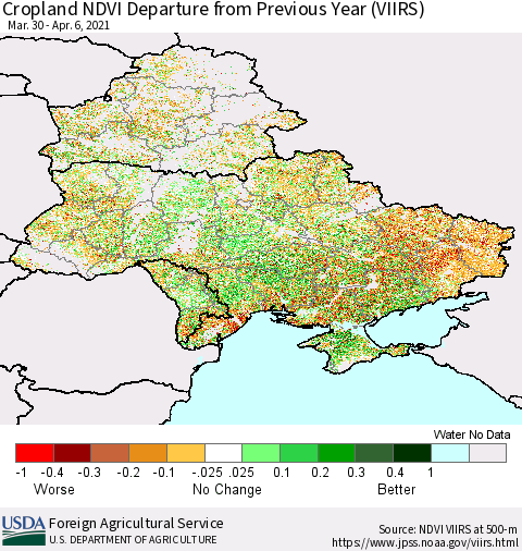 Ukraine, Moldova and Belarus Cropland NDVI Departure from Previous Year (VIIRS) Thematic Map For 4/1/2021 - 4/10/2021