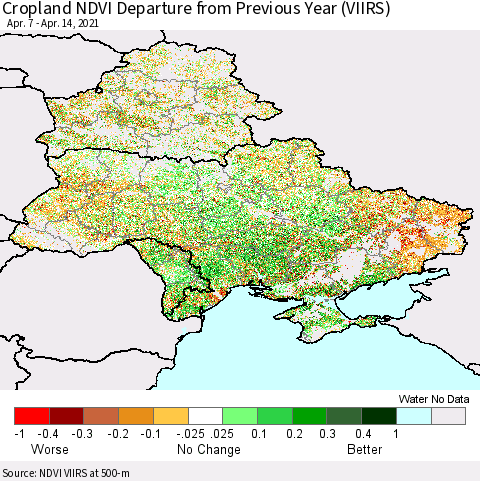 Ukraine, Moldova and Belarus Cropland NDVI Departure from Previous Year (VIIRS) Thematic Map For 4/7/2021 - 4/14/2021