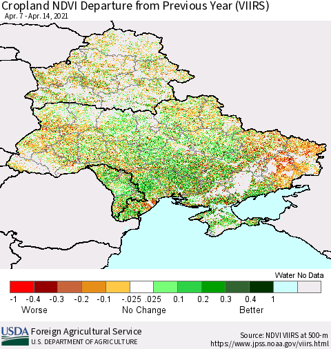 Ukraine, Moldova and Belarus Cropland NDVI Departure from Previous Year (VIIRS) Thematic Map For 4/11/2021 - 4/20/2021