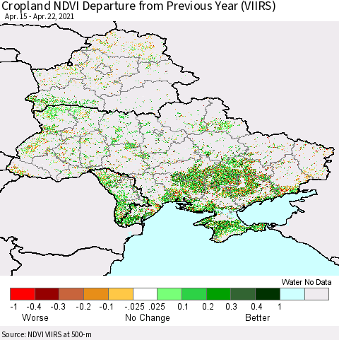 Ukraine, Moldova and Belarus Cropland NDVI Departure from Previous Year (VIIRS) Thematic Map For 4/15/2021 - 4/22/2021