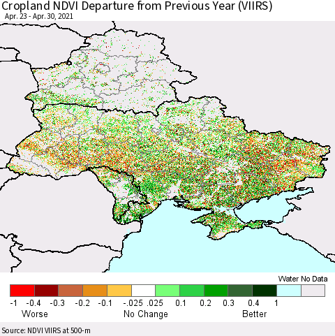 Ukraine, Moldova and Belarus Cropland NDVI Departure from Previous Year (VIIRS) Thematic Map For 4/23/2021 - 4/30/2021