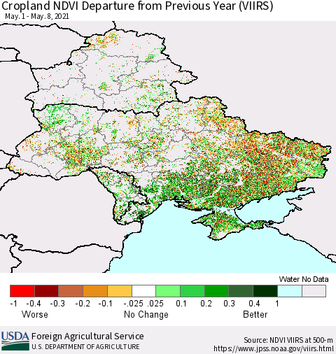 Ukraine, Moldova and Belarus Cropland NDVI Departure from Previous Year (VIIRS) Thematic Map For 5/1/2021 - 5/10/2021