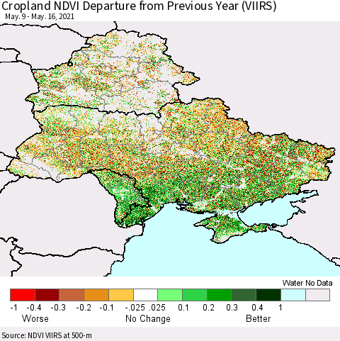 Ukraine, Moldova and Belarus Cropland NDVI Departure from Previous Year (VIIRS) Thematic Map For 5/9/2021 - 5/16/2021