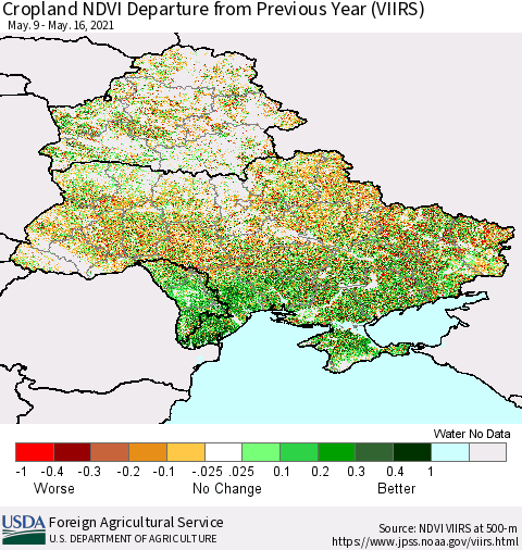 Ukraine, Moldova and Belarus Cropland NDVI Departure from Previous Year (VIIRS) Thematic Map For 5/11/2021 - 5/20/2021