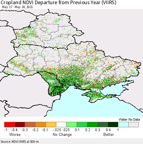 Ukraine, Moldova and Belarus Cropland NDVI Departure from Previous Year (VIIRS) Thematic Map For 5/17/2021 - 5/24/2021