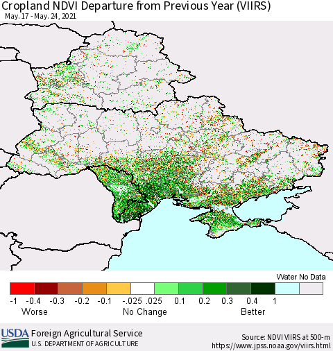 Ukraine, Moldova and Belarus Cropland NDVI Departure from Previous Year (VIIRS) Thematic Map For 5/21/2021 - 5/31/2021