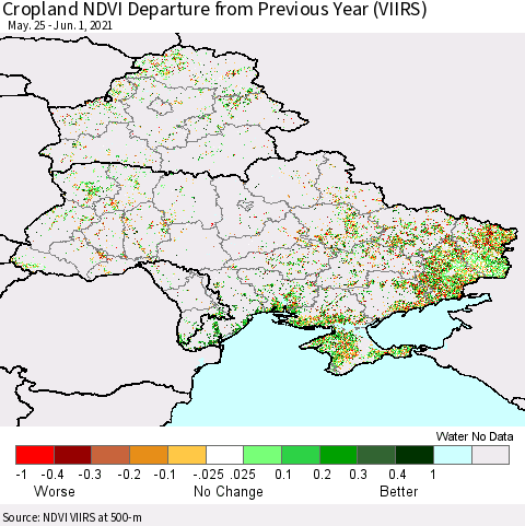 Ukraine, Moldova and Belarus Cropland NDVI Departure from Previous Year (VIIRS) Thematic Map For 5/25/2021 - 6/1/2021