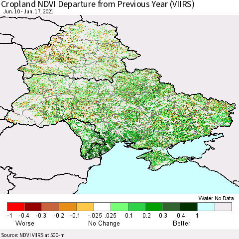 Ukraine, Moldova and Belarus Cropland NDVI Departure from Previous Year (VIIRS) Thematic Map For 6/10/2021 - 6/17/2021