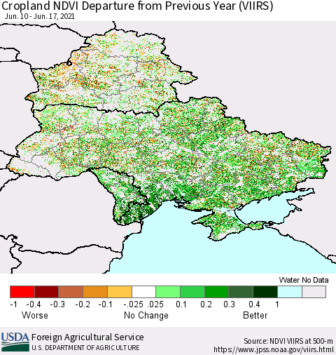 Ukraine, Moldova and Belarus Cropland NDVI Departure from Previous Year (VIIRS) Thematic Map For 6/11/2021 - 6/20/2021