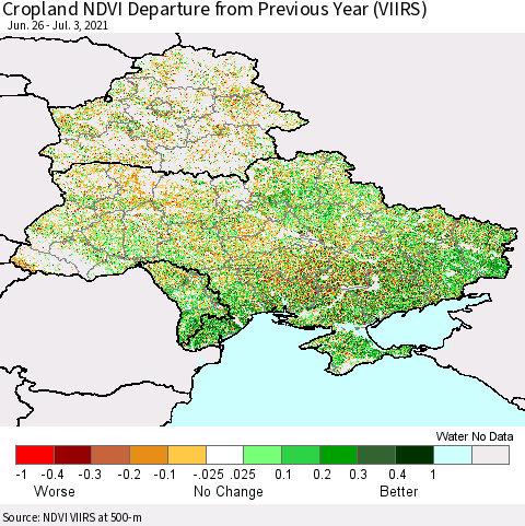 Ukraine, Moldova and Belarus Cropland NDVI Departure from Previous Year (VIIRS) Thematic Map For 6/26/2021 - 7/3/2021