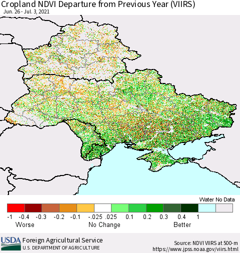 Ukraine, Moldova and Belarus Cropland NDVI Departure from Previous Year (VIIRS) Thematic Map For 7/1/2021 - 7/10/2021