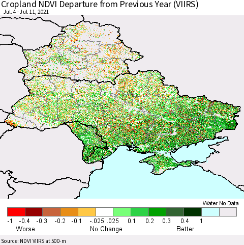 Ukraine, Moldova and Belarus Cropland NDVI Departure from Previous Year (VIIRS) Thematic Map For 7/4/2021 - 7/11/2021