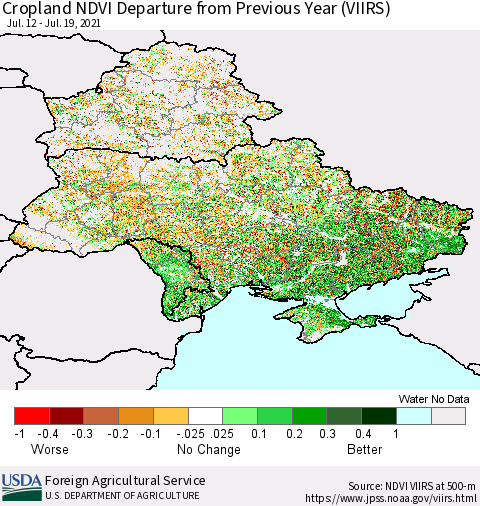 Ukraine, Moldova and Belarus Cropland NDVI Departure from Previous Year (VIIRS) Thematic Map For 7/11/2021 - 7/20/2021