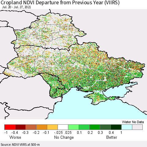 Ukraine, Moldova and Belarus Cropland NDVI Departure from Previous Year (VIIRS) Thematic Map For 7/20/2021 - 7/27/2021