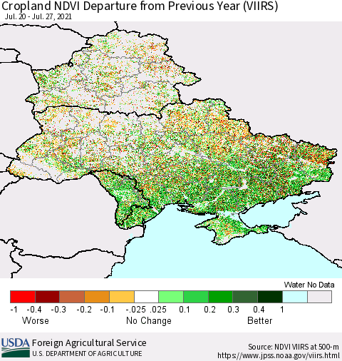 Ukraine, Moldova and Belarus Cropland NDVI Departure from Previous Year (VIIRS) Thematic Map For 7/21/2021 - 7/31/2021