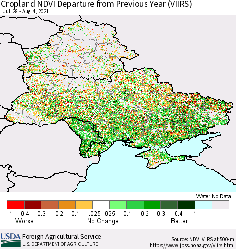 Ukraine, Moldova and Belarus Cropland NDVI Departure from Previous Year (VIIRS) Thematic Map For 8/1/2021 - 8/10/2021