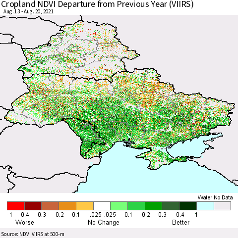 Ukraine, Moldova and Belarus Cropland NDVI Departure from Previous Year (VIIRS) Thematic Map For 8/11/2021 - 8/20/2021
