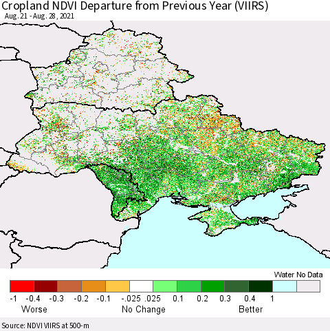 Ukraine, Moldova and Belarus Cropland NDVI Departure from Previous Year (VIIRS) Thematic Map For 8/21/2021 - 8/28/2021