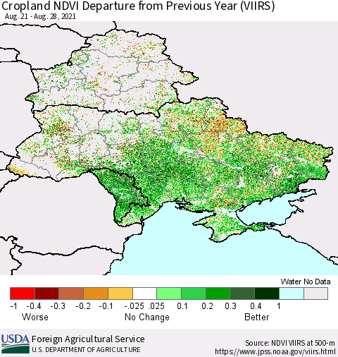 Ukraine, Moldova and Belarus Cropland NDVI Departure from Previous Year (VIIRS) Thematic Map For 8/21/2021 - 8/31/2021