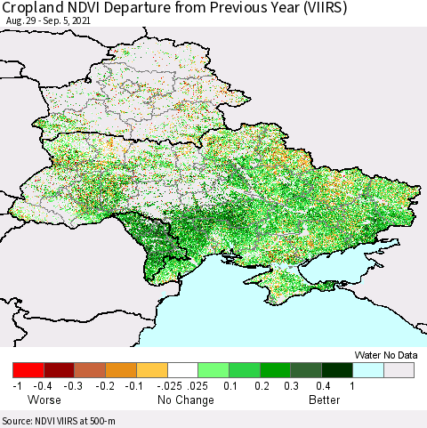 Ukraine, Moldova and Belarus Cropland NDVI Departure from Previous Year (VIIRS) Thematic Map For 8/29/2021 - 9/5/2021