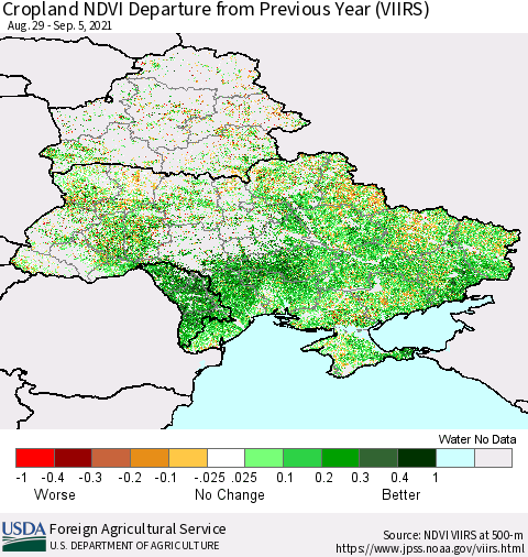 Ukraine, Moldova and Belarus Cropland NDVI Departure from Previous Year (VIIRS) Thematic Map For 9/1/2021 - 9/10/2021