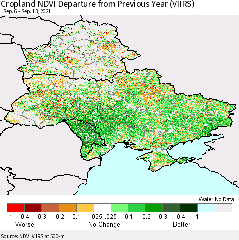 Ukraine, Moldova and Belarus Cropland NDVI Departure from Previous Year (VIIRS) Thematic Map For 9/6/2021 - 9/13/2021