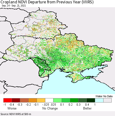 Ukraine, Moldova and Belarus Cropland NDVI Departure from Previous Year (VIIRS) Thematic Map For 9/14/2021 - 9/21/2021