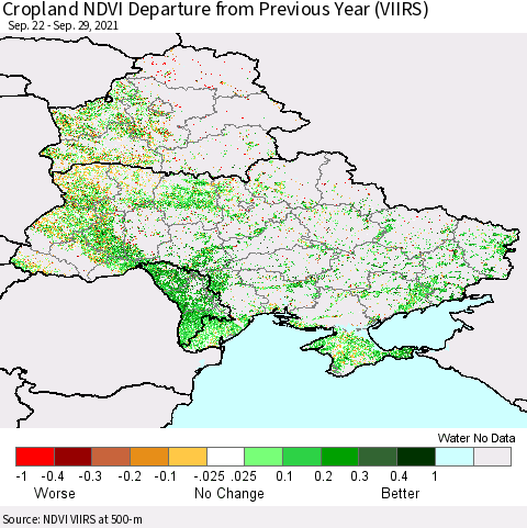 Ukraine, Moldova and Belarus Cropland NDVI Departure from Previous Year (VIIRS) Thematic Map For 9/22/2021 - 9/29/2021