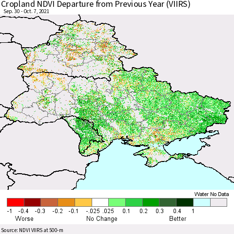 Ukraine, Moldova and Belarus Cropland NDVI Departure from Previous Year (VIIRS) Thematic Map For 9/30/2021 - 10/7/2021