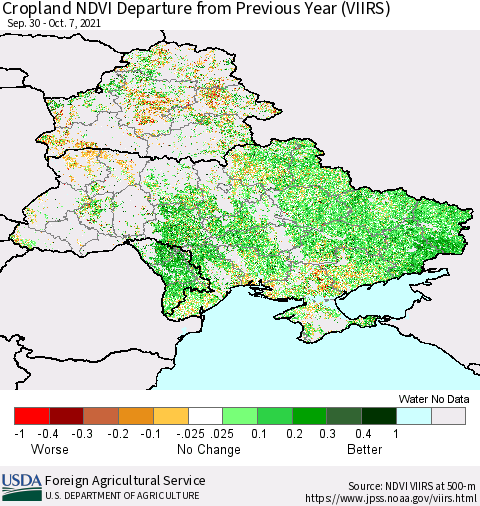 Ukraine, Moldova and Belarus Cropland NDVI Departure from Previous Year (VIIRS) Thematic Map For 10/1/2021 - 10/10/2021