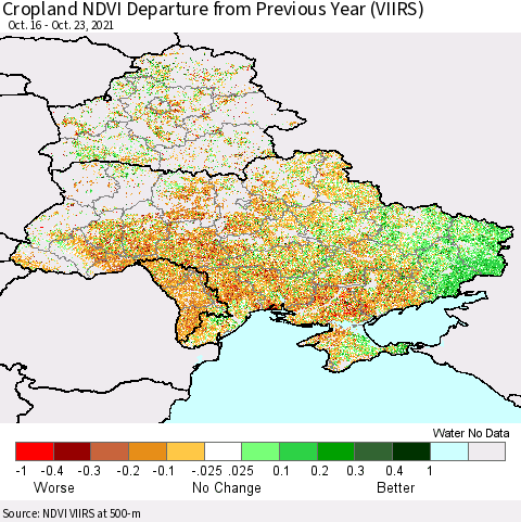 Ukraine, Moldova and Belarus Cropland NDVI Departure from Previous Year (VIIRS) Thematic Map For 10/16/2021 - 10/23/2021
