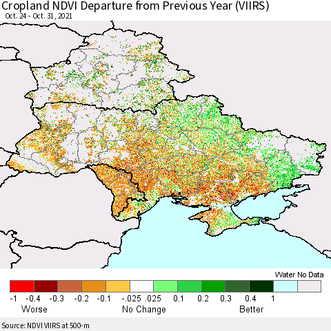 Ukraine, Moldova and Belarus Cropland NDVI Departure from Previous Year (VIIRS) Thematic Map For 10/21/2021 - 10/31/2021
