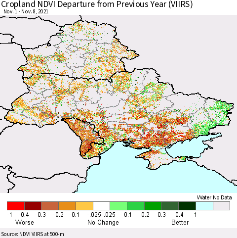Ukraine, Moldova and Belarus Cropland NDVI Departure from Previous Year (VIIRS) Thematic Map For 11/1/2021 - 11/8/2021