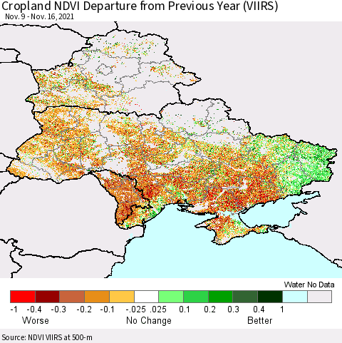 Ukraine, Moldova and Belarus Cropland NDVI Departure from Previous Year (VIIRS) Thematic Map For 11/9/2021 - 11/16/2021